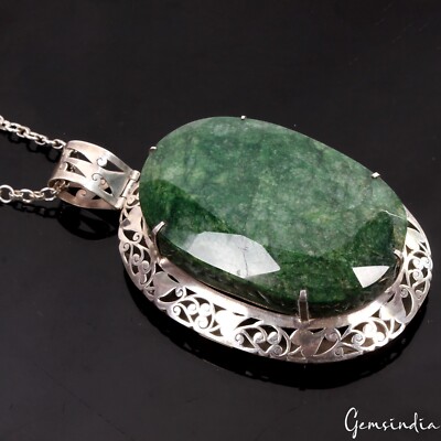 274gm 925Sterling Silver Carving Masterpiece Emerald Oval Gem King Size Pendant