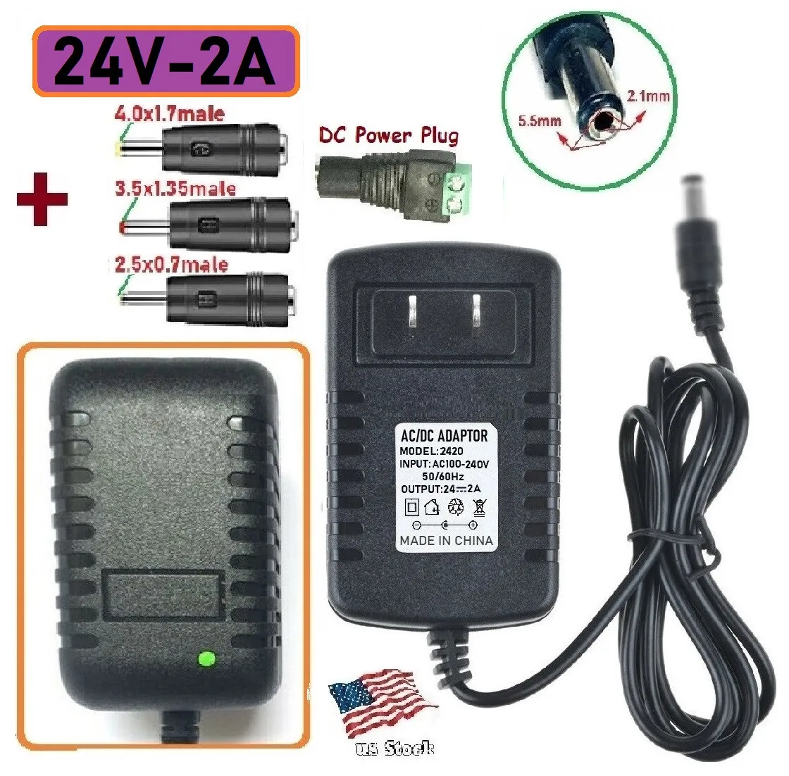 24V 2A 48W AC/DC Adapter Power Supply for Home Electronics + 4 Power Plug  Tips
