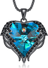 Angel Wing Love Heart Necklace Gifts for Women Dark Blue Crystal Pendant Jewelry