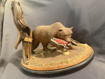 Vintage Folk Art Carved Painted Wooden Kodiak Bear Salmon Signed Dated Carving