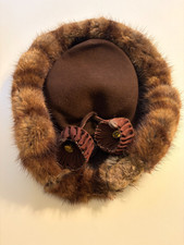 Women's Fur Hat 1930's York Creations 0063937 Adjustable Brown Pom Poms Diamonds