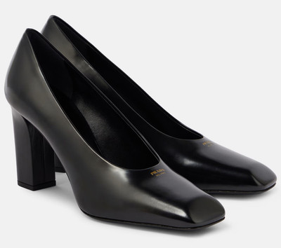 Prada 85mm Black Brushed Leather Gold Logo Show Classic Block Heel