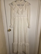 Vintage Lace Wedding Dress Hand Made 70s Ivory White Long Sleeve Ruffle Bohemian