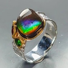Feiner Designerring-Bandring 925erSilber-Ammolite-Diopside-14ctGold-RG 19-90