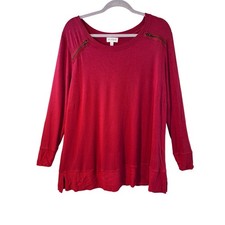 Molly  Isadora Womens 1X Red Shoulder Zip Long Sleeve Sweatshirt Tunic Slits