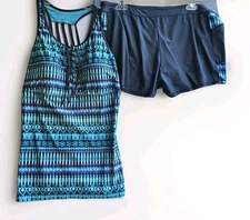 Free Country Tankini Set Womens XL 16 Turquoise Strappy Lace Up Swim Shorts