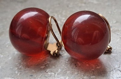 Vintage Bakelite Clip-On Earrings   Large Amber-Red Domes   1930s Art Deco 
