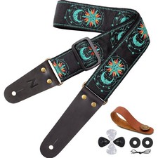 Gitarrengurt Sonne Mond Stickerei, Rindsleder, verstellbar, Set mit Plektren