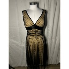 Polka Dot Mesh Overlay Cocktail Dress Black Tan Ruched V-Neck Fit Flare