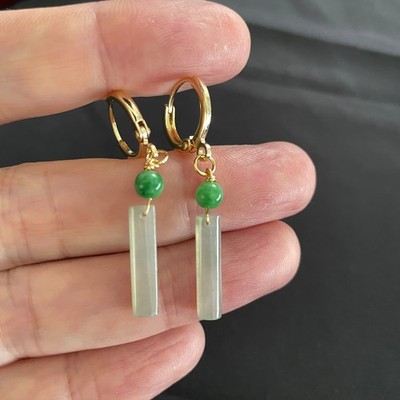 Light Green Icy Translucent Gelatinous Jadeite Bar Earrings, 100% Untreated