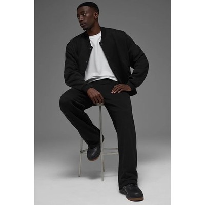 Alo Yoga Mens RENOWN Varsity Jacket Black Fleece Snap Front Bomber