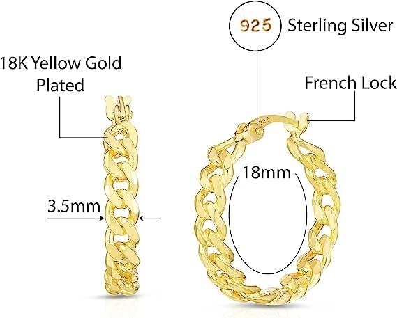 Pendientes de aro Huggie italianos de plata de ley 925 de 20 mm con cadena de bordillo para mujer Foto 3 de 4