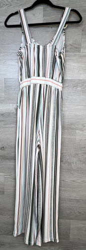 Derek Heart Jumpsuit Womens Small White Green Striped Belt Pocket Loose Pants - Picture 2 of 7
