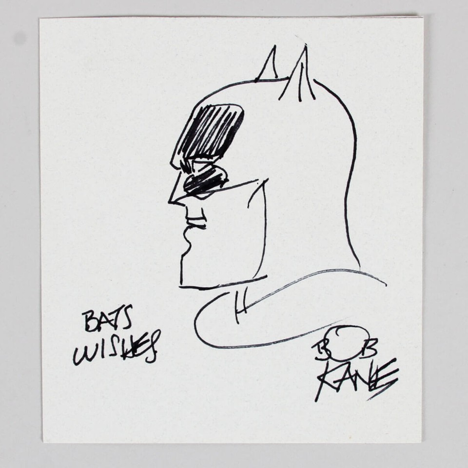Bob Kane Batman Creator Hand drawn Sketch and Signed 4x5 Card. Beckett Sticker Comic Art