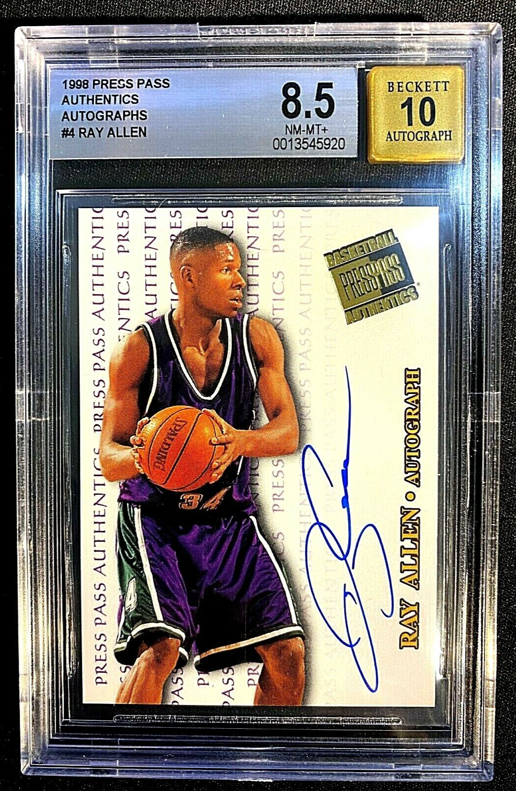 Ray Allen Milwaukee Bucks 1998 PRESS PASS AUTHENTICS AUTO BGS 8.5 NM/MT+ G1998 
