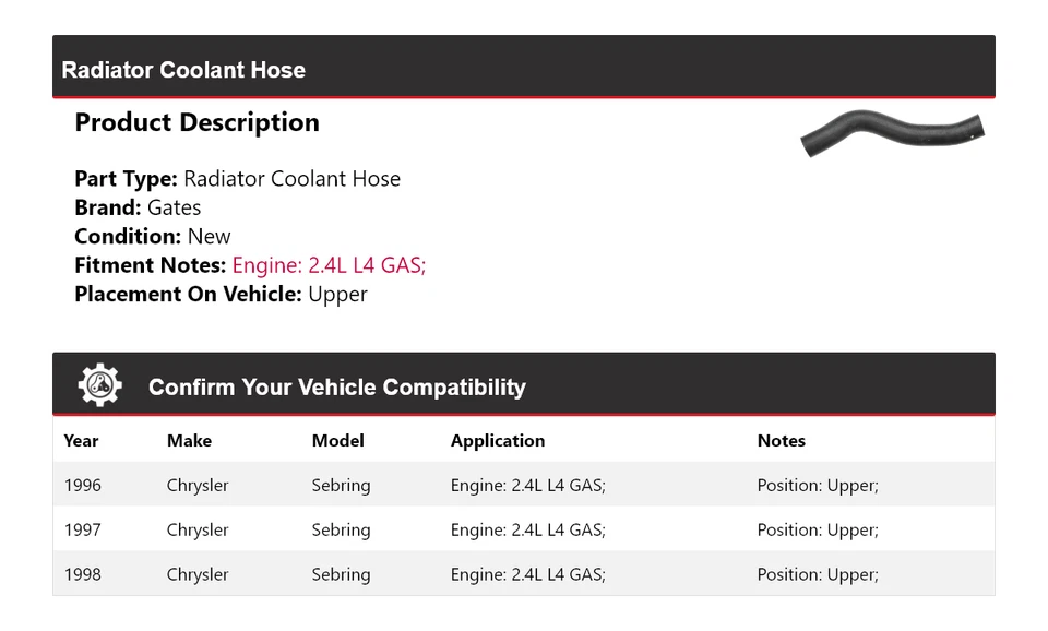 Manguera de refrigerante de radiador de gas de 2,4 L L4 para Chrysler Sebring 1996-1998 puertas superiores Foto 2 de 4