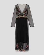 Zara Women Embroidered Dotted Mesh Long Dress Size S NWT