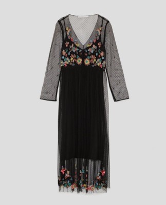Zara Women Embroidered Dotted Mesh Long Dress Size S NWT