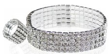 Pulsera Tenis Elástica - Combo Anillo Dedo - Tono Plateado 5 Filas Cristal Bolsa Regalo