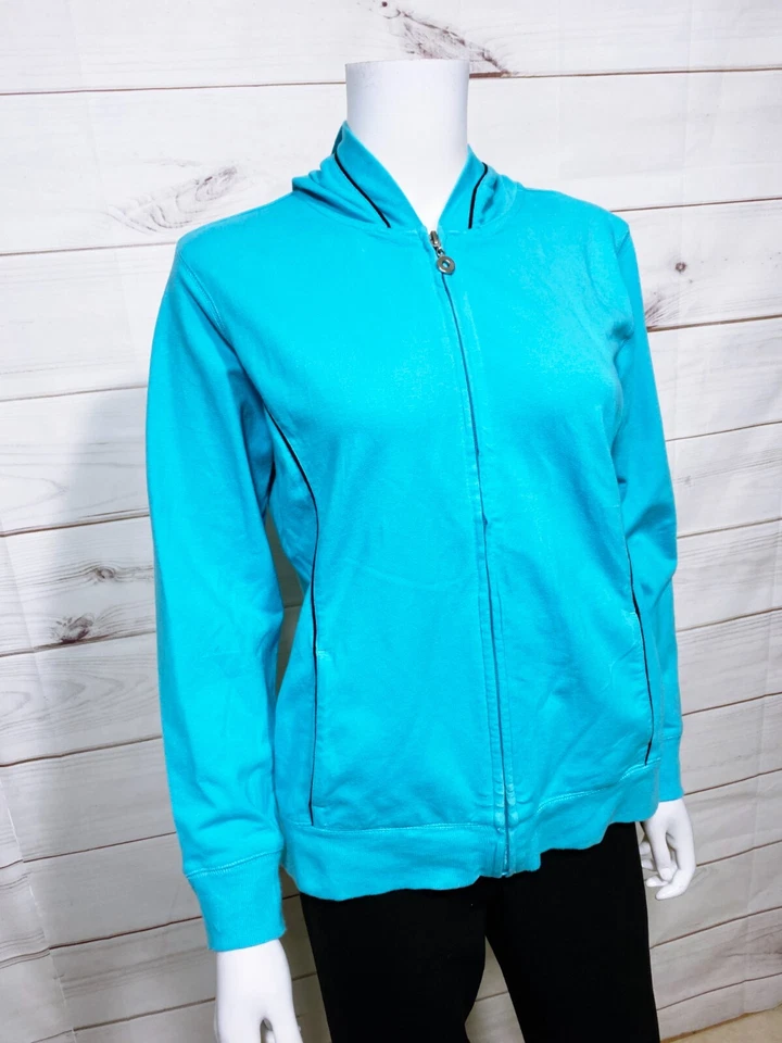 Moletom com capuz feminino Style & Co Petite tamanho PL azul zíper completo bolsos manga longa - Imagem 2 de 4