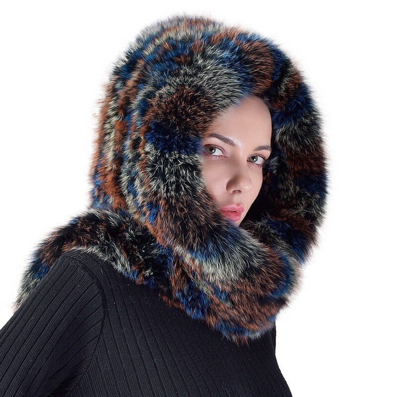 2023 Women Real Knitted Fox Fur Hat Hooded Scarf Long Neck