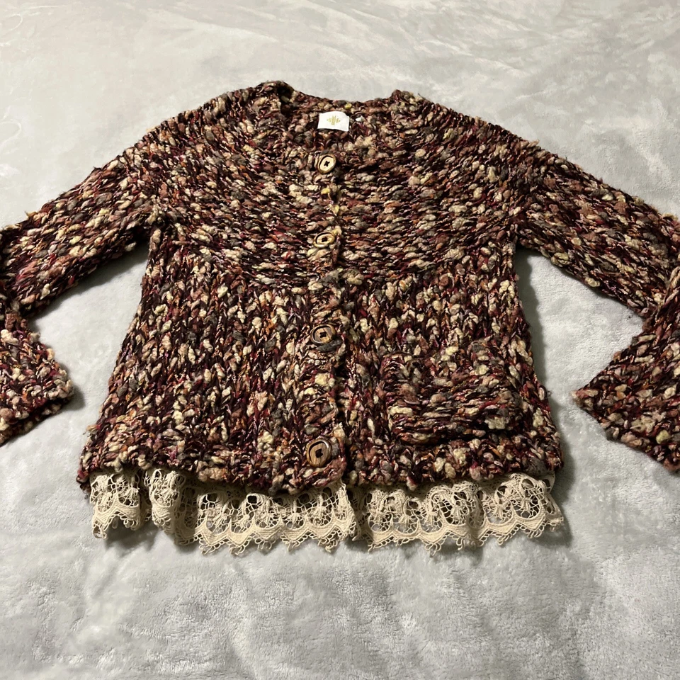 HWR Anthropologie Size L Chunky Knit Lace Trim Button Front Cardigan Sweater - Image 3 of 4