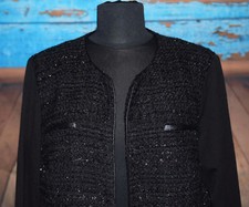 Chico's Sz 2 Black Open Front Blazer Jacket Boucle Style Shiny Trim Shimmer