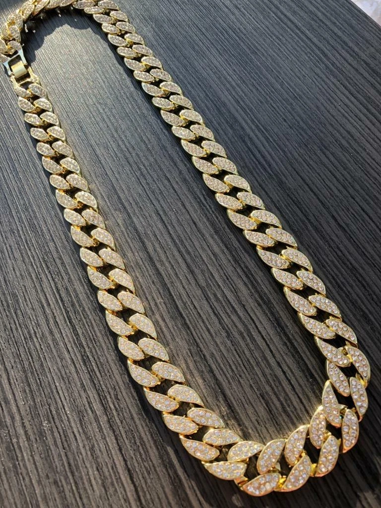 Mens Ice out Miami Cuban Link Chain 14k Gold Finish Bling Bust