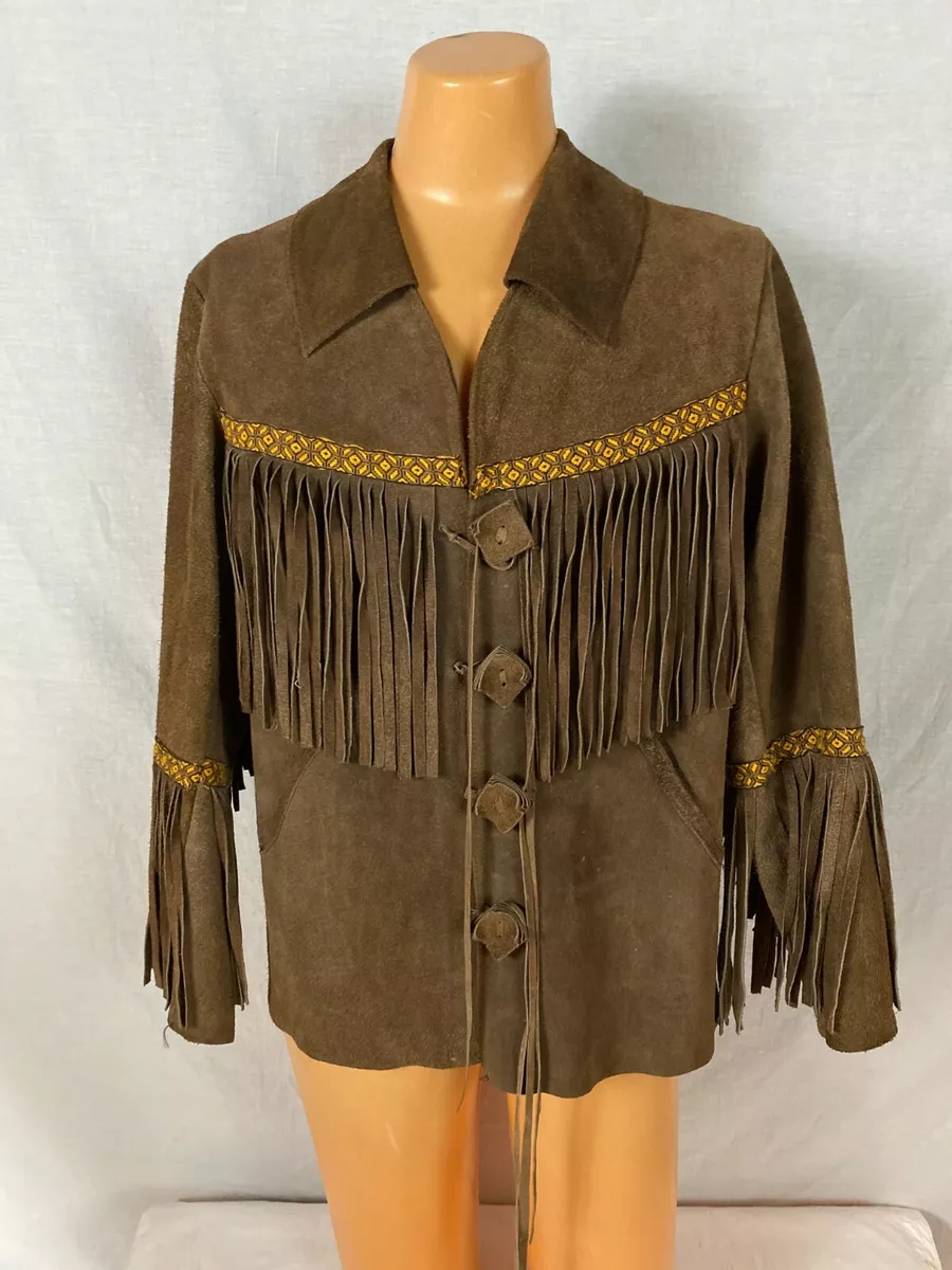 VTG 60s J H Leather CA Men Unisex Jacket Brown Suede Fringed Ties Hippy  Rider 42