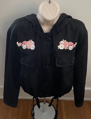 I JOAH Women s Hoodie Jacket Size M Black Embroidered Floral Pockets Button Boho