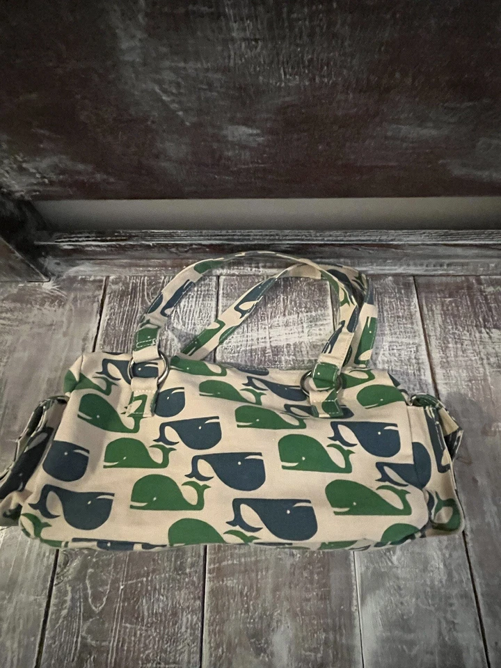 Bolso Cartera Bungalow 360 Lona Verde Ballena Azul Bolsillos Asa Superior Baguette Foto 4 de 4