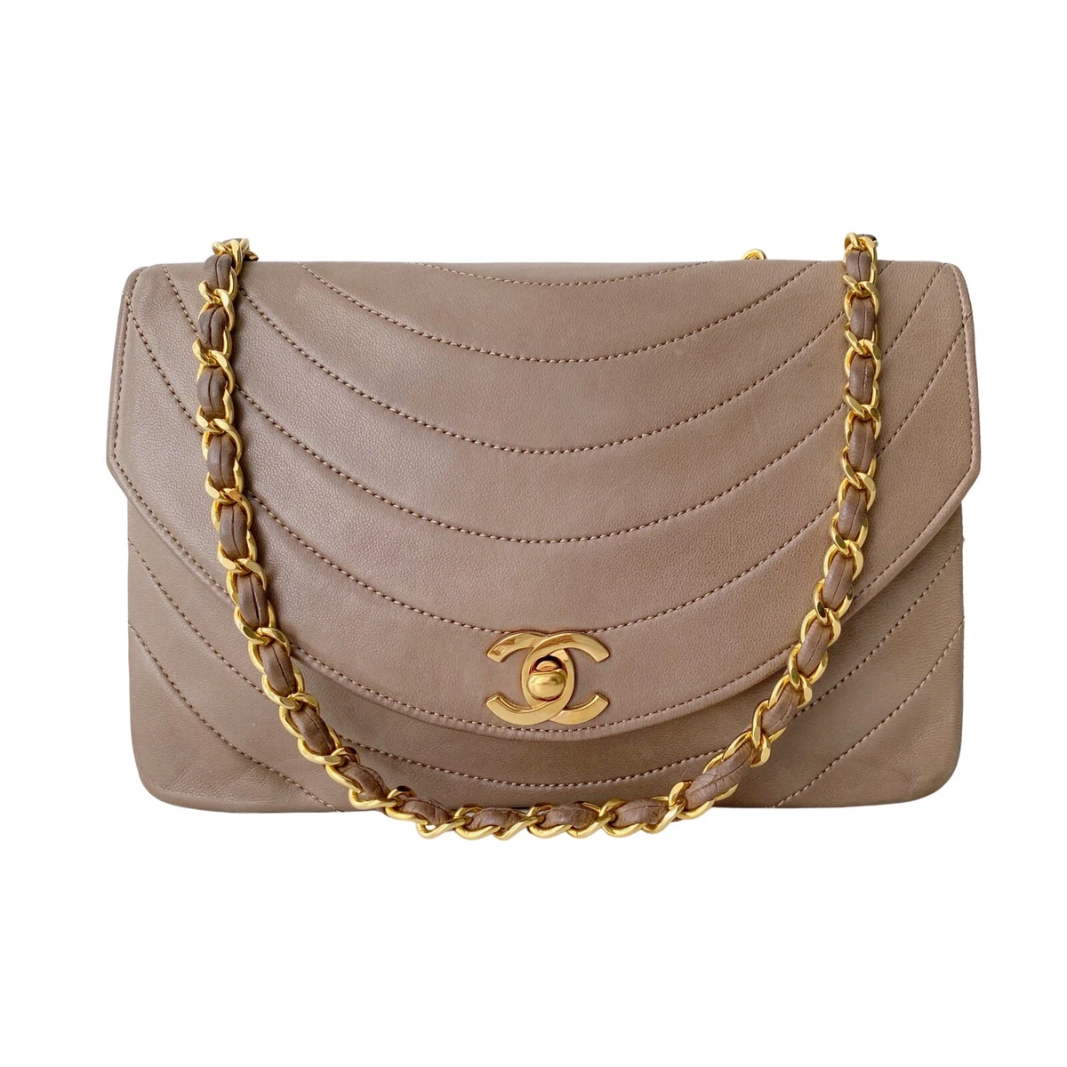 Chanel Vintage Dark Beige Taupe Lambskin Wave Quilted Single Flap