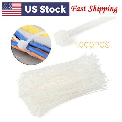 8'' inch 1000 PCS Pack Network Cable Cord Wire Tie Strap Zip Nylon White US Store