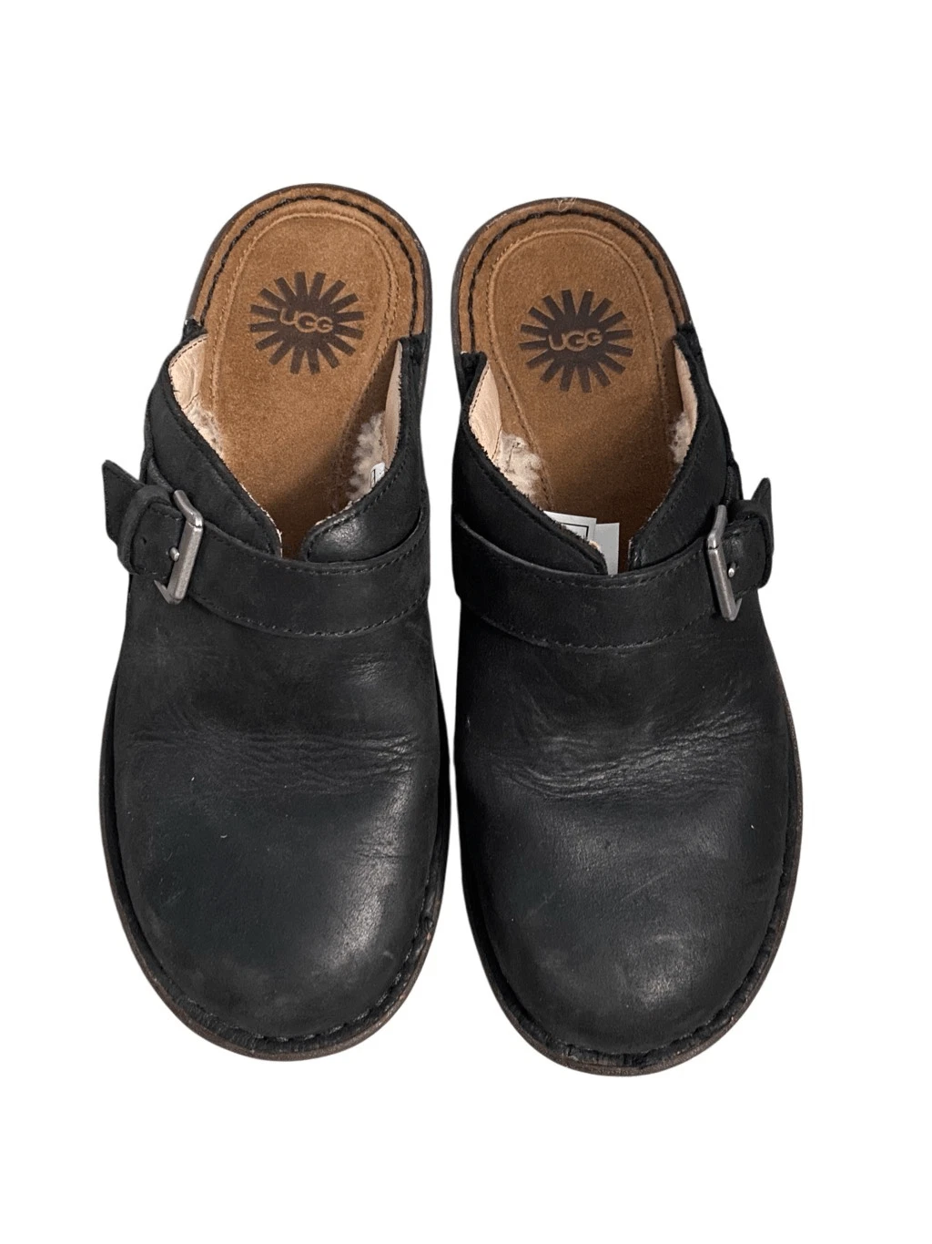 UGG Livia slip on mules in pelle nera foderato sherpa taglia 7