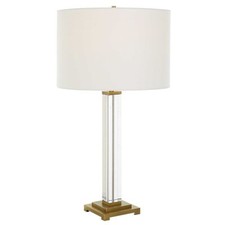 Upscale Minimalist Classic Crystal Column Table Lamp 28 in Square Clear Gold