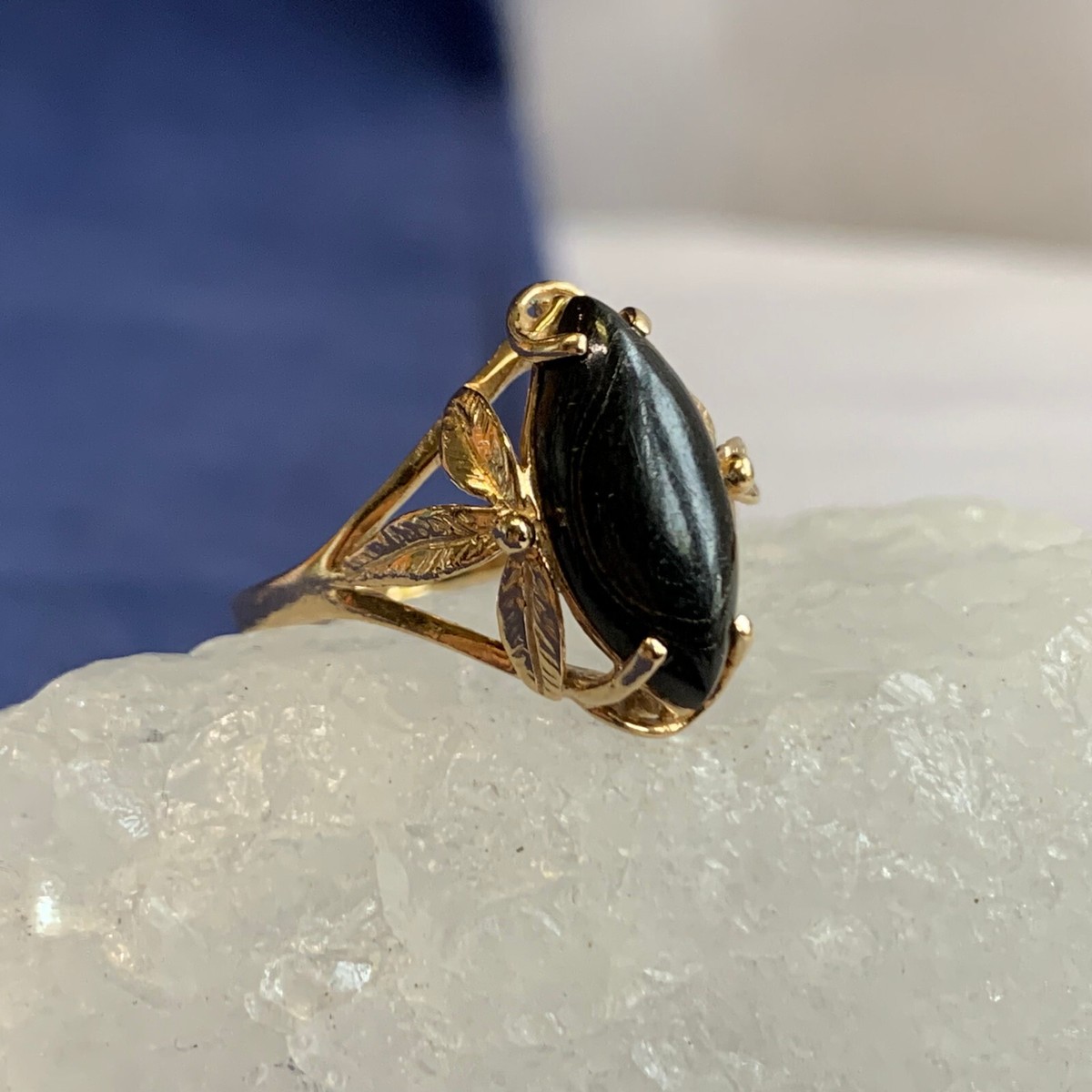 14K Yellow Gold Ring Fine Jewelry Size Band Black Marquise Stone  Prong