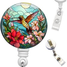 Hummingbird Retractable ID Holder Badge Reel Faux Stained Glass Art Print