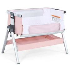 Babyjoy Baby Bassinet Bedside Sleeper w/Storage Basket & Wheel for Newborn Pink