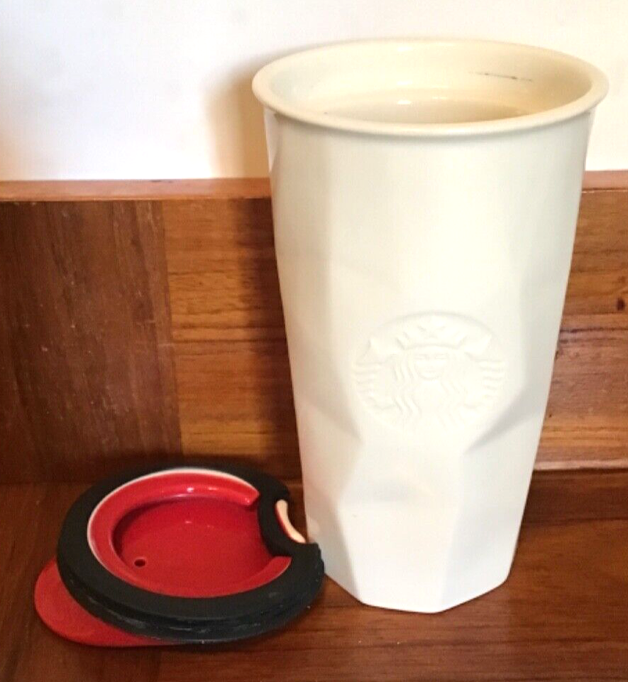 Starbucks 2013 White Crumpled Tumbler Ceramic 10oz Travel Cup Red Lid