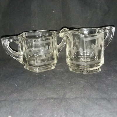 Thick Heavy Glass Wheel Cut 6 Sided Creamer and Open Sugar Bowl Vintage Flowers