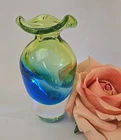 Vintage Blown Art Glass Murano Style Bud Vase Clear Green And Blue BEAUTY