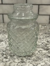 Clear Pressed Storage Glass Jar w/Diamond Pattern & Lid, Vintage