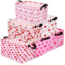 6 Pack Valentine's Day Baskets for Gifts Empty Pink Heart Storage Bins Foldab...