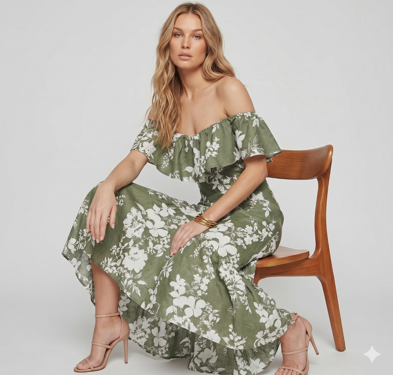 NWT Reformation Size 12 Olive Green Linen Off-the-Shoulder Floral Maxi Dress