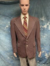 Vintage 1970s Polyester Check Burgundy Wide Lapel Sport Coat Blazer 44 Belt Back