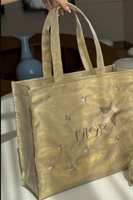 VIP-STYLE DIORBEAUTY GWP GOLD STARPATTERN MESH TOTE BAG & Matching Pouch Bundle