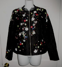 ELIE TAHARI BLACK "MULTI FLOWER JEWELLED" ZIPPER FRONT JACKET SIZE SMALL