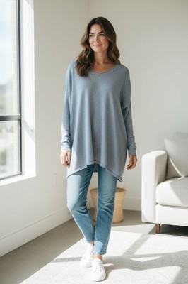 SZ L MAX & MOI Paris Blue Silver Sparkle Rolled Hems Log Bodied Tunic V-Neck EXC