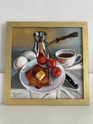 Original Oil Painting Breakfast Coffee toasts Tomatoes 35x35 cm Still Life Gift