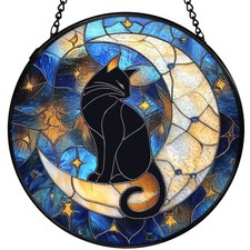 Black Cat Moon Suncatcher - Stained Glass Window Decor, 7.9x7.9in